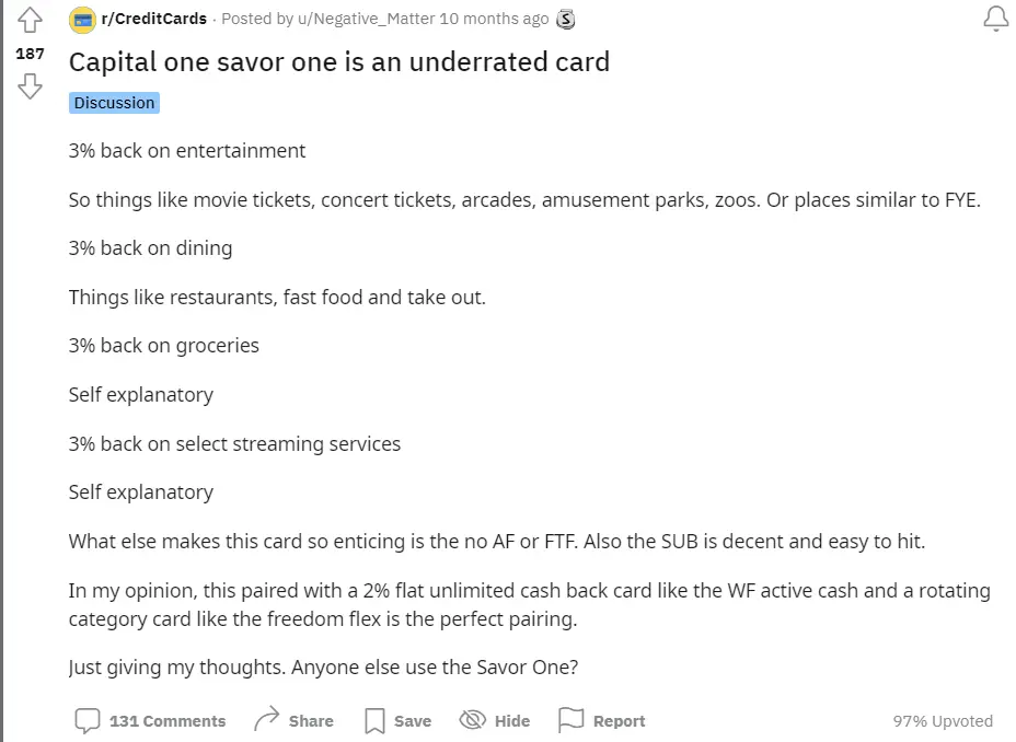 Capital one savor one is an underrated card Reddit Disscussion
