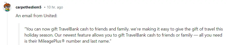 United TravelBank Credit Can Now Be Gifted To A Friend