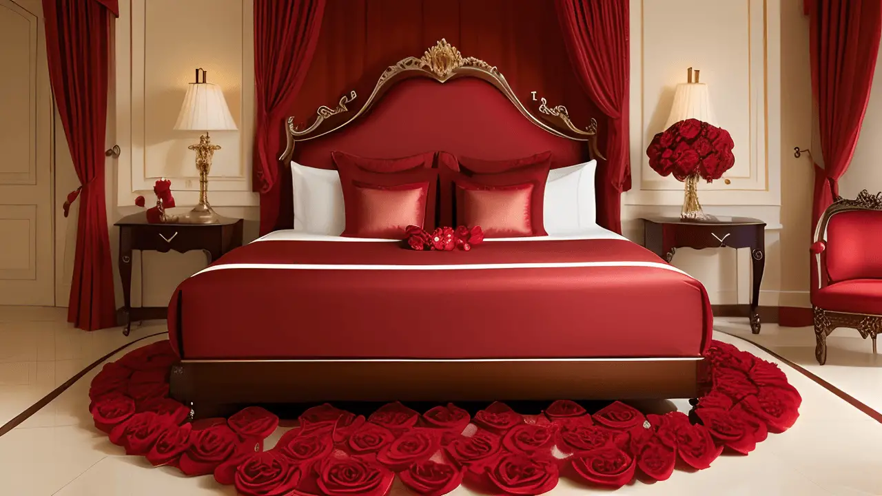 Luxurious Hotel Room Adorned With An Array Of Red Roses And Decadent Chocolates, Creating A Romantic Atmosphere For An Unforgettable Free Vacation Night.